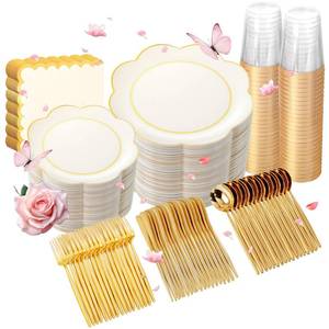 lot 5950 image: WONDERFUL 350PCS Ivory Plastic Plates for Party Plates Disposable Heavy Duty Ivory Gold Plastic Dinnerware Set for 50 Guests - 100 Disposable Plate,150 Silverware,50 Cup,50 Wedding Napkins for Wedding