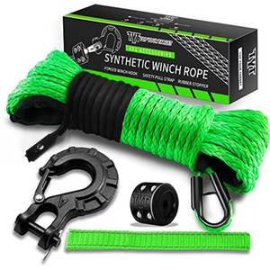 lot 5957 image: TYT Synthetic Winch Rope Kit - 14 x 50 with 10000 lbs Strength, Protective Sleeve, Heavy Duty Hook, Rubber Stopper, & Safety Pull Strap for Off-Road 4x4 Vehicles (Green) (JPS1450OG)