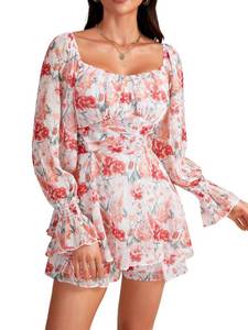 lot 6273 image: LYANER Womens Floral Print Off Shoulder Long Sleeve Ruffle Hem Romper Short Jumpsuit Floral Pink Large