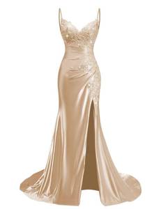 lot 6283 image: Spaghetti Strap Mermaid Prom Dresses 2026 Long V Neck Lace Appliques Womens Formal Dresses for Event Gala Pleated Floor Length Evening Formal Gown with Slit Champagne size 6