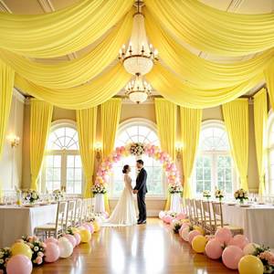 lot 6284 image: 4 Panels 5ft(W) x 20ft(H) Light Yellow Ceiling Drapes for Wedding Parties �� 20 FT Extra Long Thick Polyester Wrinkle-Free Drapery Tent Decor Decorations for Birthday Party Ceremony Stage Swag