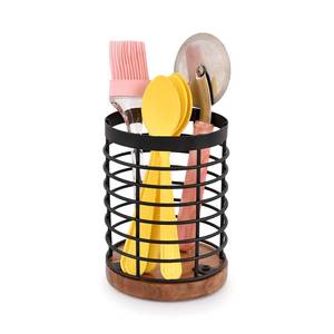 lot 6321 image: EDHAS Black Iron Kitchen Utensil Holder with Acacia Wooden Base Round Flatware Storage for Countertop (4.5 x 4.5 x 6)