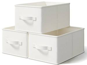 lot 6356 image: LayerSpace 3 Pack Fabric Storage Bins for Shelves  16.25x12x10in Closet  Collapsible Bins for Organization  Linen Clothes Storage Bins  White & Ivory