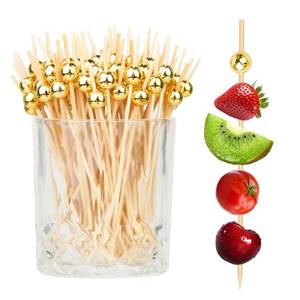 lot 6387 image: 200PCS Cocktail Picks, Fancy Toothpicks for Appetizers, Decorative Skewers for Appetizers Drinks Party Fruit, 4.7 Inch Long Wooden Bamboo Gold Ball Food Sticks Charcuterie Boards Accessories