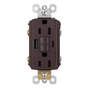 lot 6406 image: Legrand Radiant 15 Amp GFCI Self-Test Tamper Resistant Decorator Duplex Electrical Wall Power Outlet with 2.0 Amp USB Type A & C Charger Ports , 1597TRUSBACDB, Dark Bronze, 1 Count