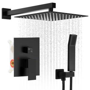 lot 9799 image: RNDIOZD Black Shower Faucet Set, 10 inch Rain Shower System with Pressure Balance Valve, Wall Mounted 2-Functions Bathroom Shower Systems with Rain Shower and Handheld Spray Shower Trim Included