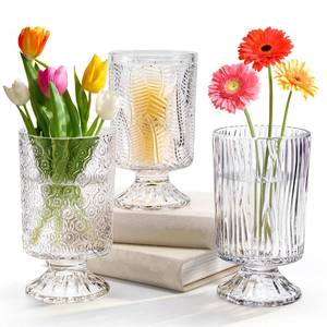 lot 9819 image: Pumtus 3 Pack Flower Vases for Centerpieces, Vintage Glass Pedestal Vase Set, Decorative Embossed Big Base Vase, Clear Hurricane Candle Holder, Medium Cylinder Vase for Wedding, Home, Party, Office