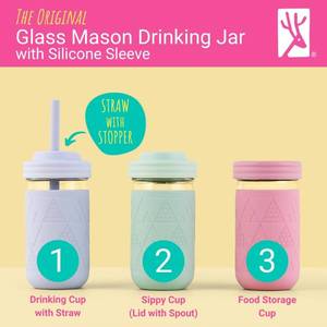 lot 9834 image: Elk and Friends Kids  Toddler Glass Cups  The Original 12oz Glass Mason Jar with Sleeves  Lids  Silicone Straws  Stopper  Smoothie Cup  Food Storage  Spill Resistant  Dishwasher Safe  4 Pack