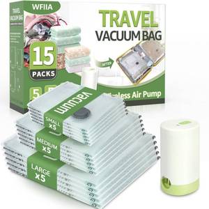 lot 9839 image: 15 Packs Vacuum Bags for Travel with Rechargeable air Pump, 3 Sizes Vacuum Seal Bags for Clothing, Space-Saving Compression Storage Bags for Travel & Closet Organization