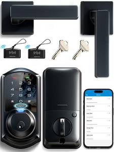 lot 11839 image: Veise VE07-L Fingerprint App Control Smart Locks with Heavy-Duty Zinc Alloy Handles, Keyless Entry for Front Door, Digital Electronic Touchscreen, Auto Lock, Waterproof, Easy Install, Matte Black