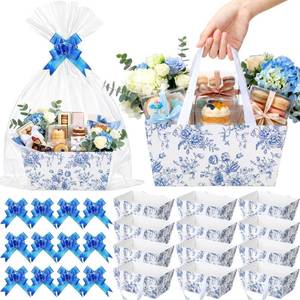 lot 11849 image: Funnymoom 12 Pcs Blue Floral Gift Baskets Empty with Cellophane Bags and Ribbon Bows, Paper Party Favor Baskets for Garden Party, Baby Shower, Spring Picnic, Birthday, 9.8 x 6.5 Inch
