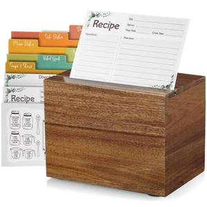 lot 11851 image: DRASTAR Recipe Card Box, Acacia Recipe Holder 4x6, Recipe Organizer with 50 Cards and 6 Dividers, Index Card Box, Wooden Box for Kitchen Countertop