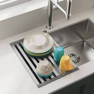 lot 12268 image: COOL-ANGLE Aluminum Roll Up Dish Drying Rack Over The Sink, 17.7 x 13.4 Rust-Proof Foldable Dish Drainer Mat, Heat Resistant Trivet & Kitchen Sink Cover, Fits Sinks up to 16.8 Wide, Matte Gray