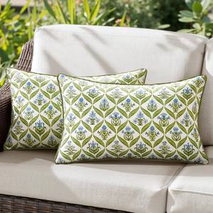 lot 12298 image: ANRODUO Floral Outdoor Pillow Covers 12x20 Waterproof Set of 2 Lumbar Block Print Decorative Cushion Cases with Refined Edge Piping for Summer Patio Porch Garden Couch Sofa Bench Decor Green