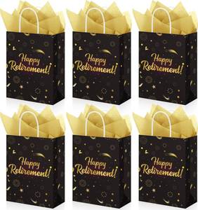 lot 12320 image: Gersoniel 24 cps Retirement Gift Bag with Tissue Paper, Black Gold Happy Retirement Wrapping Paper Bag with Handles for Men Women Office Coworker, Farewell Going Away Party, Happy Retire Design