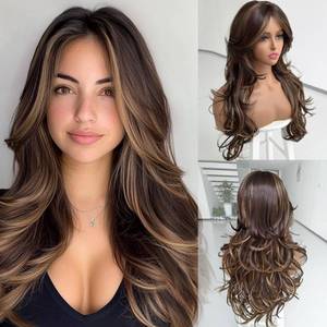 lot 12322 image: Aisaide Highlight Honey Brown Mix Dark Blonde Long Wavy Wig Layered with Curtain Bangs for Black Women Synthetic Highlight Brown Layered Wig Long Wavy Shaggy for Women 24inch