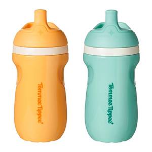 lot 12326 image: Tommee Tippee Insulated 9oz Sporty Spout Toddler Water Bottle, No Spill, Sippy Cups for Toddlers 1-3, Two-Piece Valve Helps Stop Spills, Light Blue & Orange, BPA Free, Pack of 2