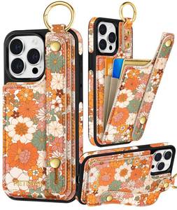 lot 12328 image: Petitian for iPhone 15 Case with Wallet - Women Girls Cute Girly Aesthetic Unique Design with Leather Credit Card Holder Cardholder Stand Wristband for Apple 15, Orange Floral