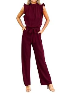 lot 12338 image: KIRUNDO Jumpsuits For Women Dressy Summer One Piece Sleeveless Ruffle Mock Neck Belt Pockets Formal Wide Leg Pants Romper(Wine Red, X-Large)