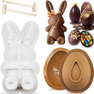 lot 12340 image: 3Pcs Large Bunny Mold Easter Egg Silicone Mold for Chocolate, 3D Rabbit Bunny Easter Egg Shape Silicone Mold Easter Bunny Cake Pan Mold Bunny Breakable Chocolate Gummy Mold with 2 Wood Hammers