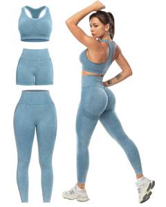 lot 12343 image: SALSPOR 3 Piece Workout Sets for Women Butt Lifting Leggings with High Impact Sports Bra Gym Shorts Activewear Matching Set(3DWX-Washed Blue-XL) (Missing Shorts)