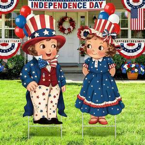 lot 12345 image: Beeveer 2 Pcs 4th of July Decorations Vintage Patriotic Yard Decor Outdoor 250th Anniversary Memorial Day Yard Sign with Stakes Front Door Hanging Sign for Porch Door Garden Patio Lawn Party Supplies