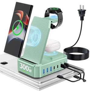 lot 12347 image: 300W Wireless Charger for Samsung,Zutspzss 10 in 1 Wireless Charging Station, 65W USB C Fast Charging Stand for Samsung S25 UltraS24S23S22Z Fold,Galaxy Watch Ultra765,Galaxy Buds,Green