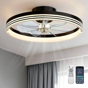 lot 13198 image: AKOFUN Modern Bladeless Ceiling Fans with Lights, Small Fandelier Bedroom Ceiling Fan - Low Profile LED Fan Light with Remote APP, Flush Mount, Dimmable, DC Motor, 6 Speeds, Timer (18 inch, Black)