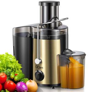 lot 13204 image: QCen Juicer Machine, 500W Centrifugal Juicer Extractor with Wide Mouth 3 Feed Chute for Fruit Vegetable, Easy to Clean, Stainless Steel, BPA-free (Gold)