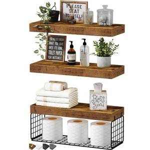 lot 13209 image: QEEIG Bathroom Shelves Over Toilet - Wall Mounted Floating Shelves Toilet Paper Storage Small Farmhouse Decor Shelf 16 inch Set of 3, Rustic Brown (019-BN3)