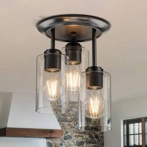 lot 13222 image: Kalium 3-Lights Semi Flush Mount Ceiling Light Fixture, Matte Black Light Fixtures, Ceiling Light for Kitchen, Foyer, Entryway, Farmhouse, Home Decor, Clear Glass Shade.