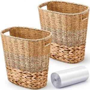 lot 13234 image: Ziliny 2 Pcs Wicker Trash Can with 50 Small Trash Bag Wicker Waste Woven Basket with Handles Clear Multi Use Garbage Bags for Bathroom Kitchen Bedroom(Various Materials,Classic Style)