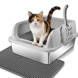 lot 13235 image: Stainless Steel Cat Litter Box, High Wall Kitty Litter Box for Small Cats, Metal Litter Box with Lid, Non-Sticky, Anti-Leakage, Easy Cleaning, Include Cat Mat and Scoop, 17.2x13.2x8.4
