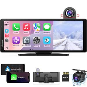 lot 14110 image: Carpuride Wireless Carplay & Android Auto with Dash Cam - 10.26 Inch HD IPS Touch Car Play Screen for Car, 4K Front & 1080P Rear Camera, Loop Recording, Bluetooth Audio, Mirror Link, GPS, Siri