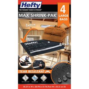 lot 14118 image: Hefty MAX Shrink-Pak Vacuum Seal Storage Bags for Clothing, Travel, Bedding  Tear & Water Resistant, Dual-Valve Space Saver Compression Bags - Large, 4-Pack
