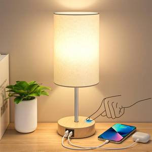lot 14135 image: AKASUKI Table Lamp for Bedroom, 3 Way Dimmable Touch Lamp with Dual Charging Station, Small Bedside Lamps for Night Stands, Living Room, Office(LED Bulb Included)