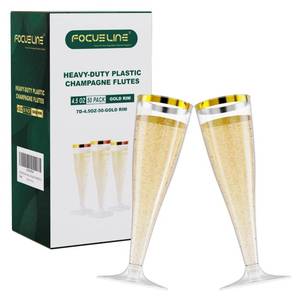 lot 14138 image: FOCUSLINE 50 Pack Plastic Champagne Flutes, 4.5 Oz Gold Rim Disposable Champagne Glasses for Wine, Cocktails, Mimosas, Disposable Clear Toasting Glasses, Perfect for Parties and Any Celebrations