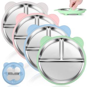 lot 15184 image: KLCKH 4 Pack Stainless Steel Toddler Plates with Suction - 9 Kids Divided Plates Removable Silicone Sleeves for Baby Led Weaning, Bear Ear Design Non Slip BPA-Free Dishwasher Safe