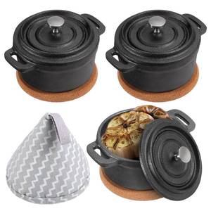 lot 15186 image: OGANAZI 3 Pcs Mini Cast Iron Dutch Oven Set �� 8 oz Garlic Roaster Cocotte Pots with Lids, Handles and Cork Pan Mats Small Cast Iron Pots for Baking, Roasting, BBQ Grill, Stovetop and Oven Use