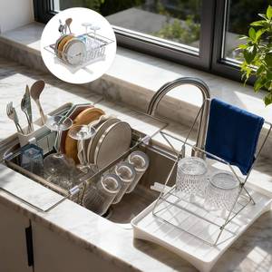 lot 15205 image: Mesiiloly 6.3x13.6-16.5 Expandable Dish Drying Rack for Kitchen Counter, Stainless Steel Dish Drying Rack with Drain Board and Sink Caddy Organizer, Black Drying Rack Dish with Cupholder in Sink