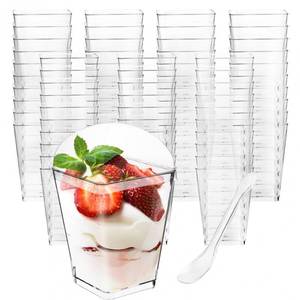lot 15209 image: Monrocco 50 Pack 5 oz Plastic Dessert Cups with Lids and Spoons, Small Parfait Yogurt Pudding Cups with Lids for Party, Clear Mini Dessert Shooter Cup for Fruit Trifle Ice Cream