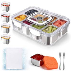 lot 15210 image: Qtencas Snackle Box Container with 8 Portable Removable Compartments, Ice Pack, Sauce Cup & Fork, Stainless Steel Divided Serving Tray with Lid and Handle for Road Trips Beach Camping