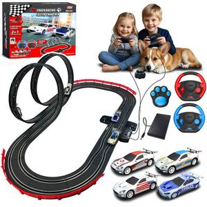 lot 15212 image: AGM MASTECH Slot Car Race Track Set, High Speed Series Tram Dual Track Set with 4 Licensed Racing Slot Cars, 2 Hand Controls, Track Parts and Lap Counter