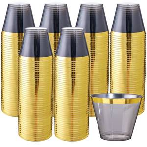 lot 15224 image: Superrnal 100pcs Gold and Black Plastic Cups 9OZ Elegant Gold Rimmed Clear Party Cups Fancy Disposable Wedding Cup Plastic Cup for Party,Gatherings, Afternoon Tea