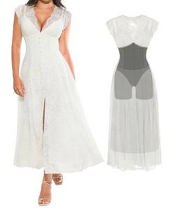 lot 16291 image: Popilush Wedding Dresses for Bride Lace Sleeveless V Neck Maxi Shapewear Cocktail Dress Split Beach Bride Dresses White S