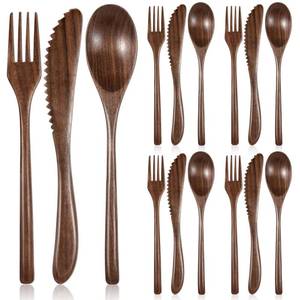 lot 16292 image: Geiserailie 12 Pcs Wooden Silverware Wood Utensils for Eating Set Wooden Spoon Fork Knife Cutlery Set Kitchen Dinner Flatware Tableware (Walnut Wood)