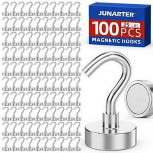 lot 16332 image: Junarter Magnetic Hooks,100 Pack Magnetic Hooks for Cruise Cabins, 25lbs Magnet Hooks, Strong Magnetic Hook Heavy Duty, Magnets with Hooks, Metal Magnetic Hook for Hanging, Refrigerator, Grill