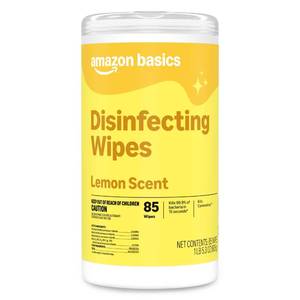 lot 16372 image: Amazon Basics Disinfecting Wipes, Lemon Scent, Thick All Purpose Cleaning Wipes, SanitizesCleansDisinfectsDeodorizes, 85 Count