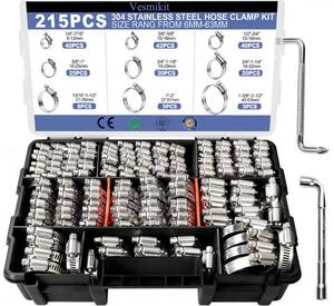 lot 16381 image: Hose Clamp Assortment- Vesmikit 215 PCS Stainless Steel Hose Clamps Kit 14��2-12(6-63mm) Worm Gear Clamps for Fuel Line, Plumbing, Automotive, Mechanical Applications, Pipe, Tube, Radiator, Garden