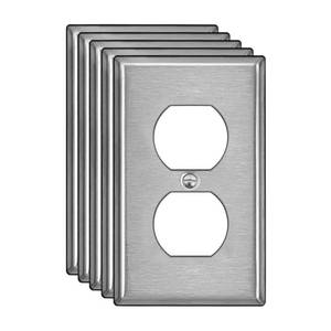 lot 16481 image: 5 Pack BESTTEN Duplex Metal Wall Plate with Protective Film, 1-Gang Standard Size, Corrosion-Resistant Stainless Steel Outlet and Switch Cover, Industrial Grade, Brushed Finish, Silver